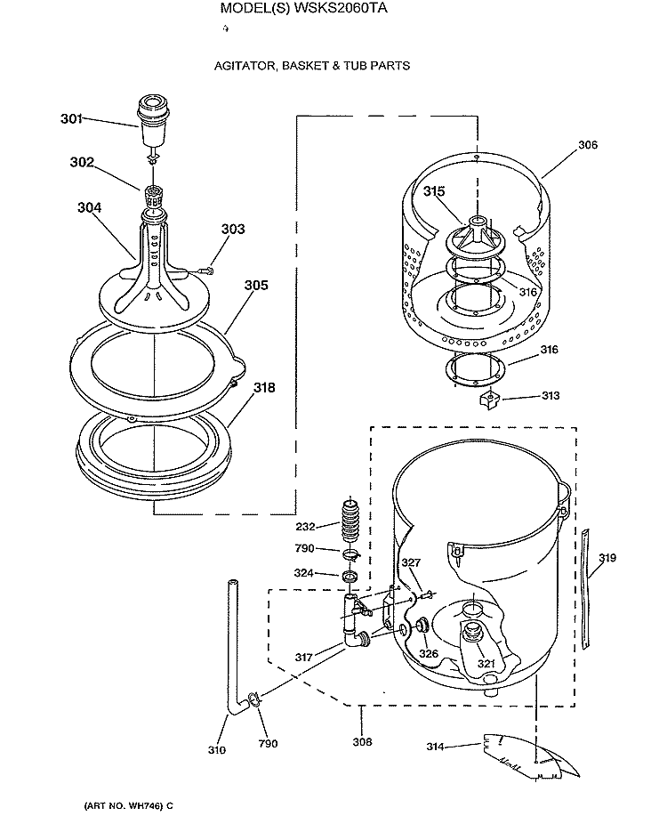 AGITATOR, BASKET & TUB PARTS Diagram and Parts List for WSKS2060TA  General Electric Washer