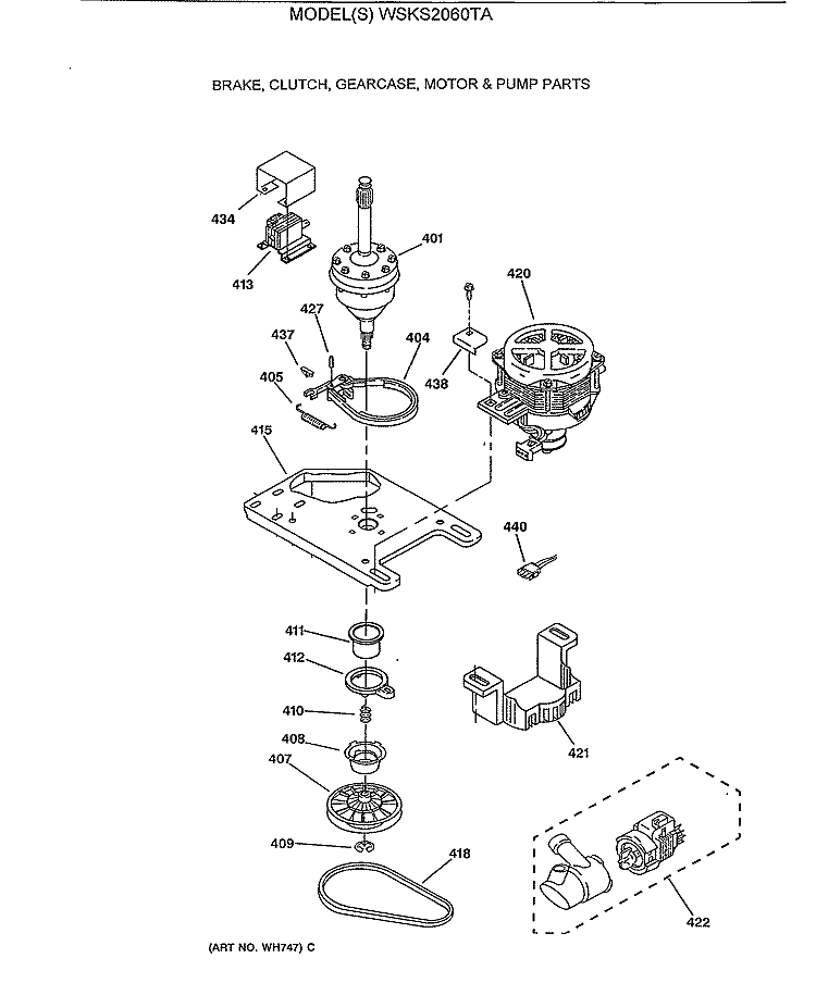 BRAKE, CLUTCH, GEARCASE, MOTOR & PUMP PARTS Diagram and Parts List for WSKS2060TA  General Electric Washer