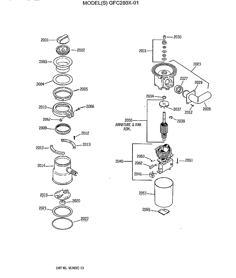 Section Diagram and Parts List for GFC280X-01  General Electric Food Waste Disposer
