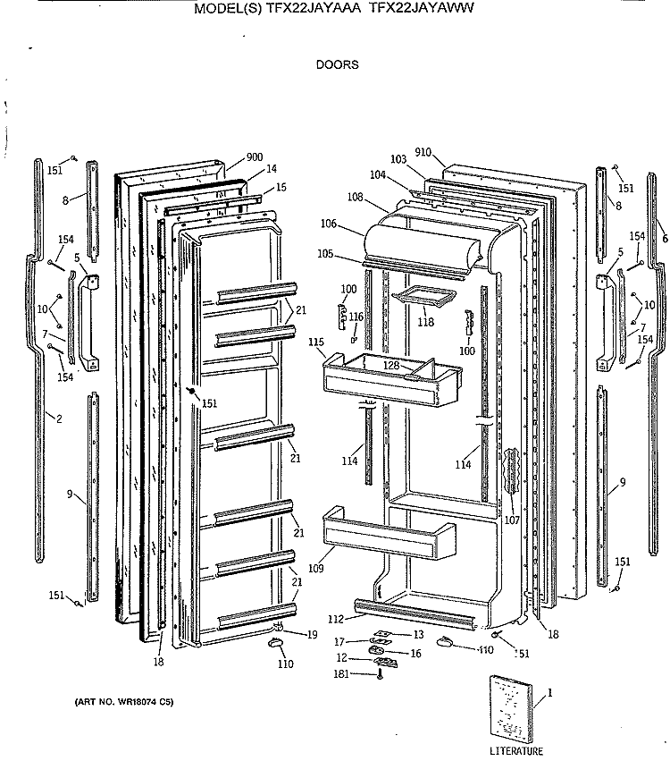 DOORS Diagram and Parts List for TFX22JAYAAA  General Electric Refrigerator