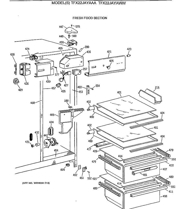 FRESH FOOD SECTION Diagram and Parts List for TFX22JAYAAA  General Electric Refrigerator