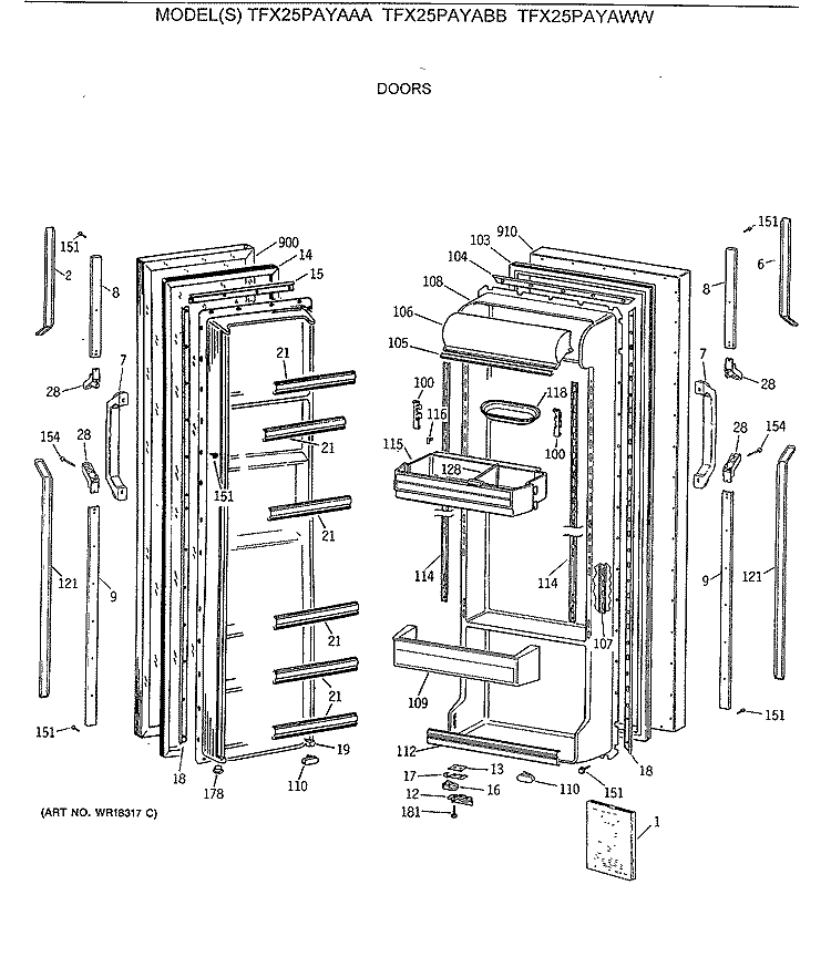 DOORS Diagram and Parts List for TFX25PAYAWW  General Electric Refrigerator