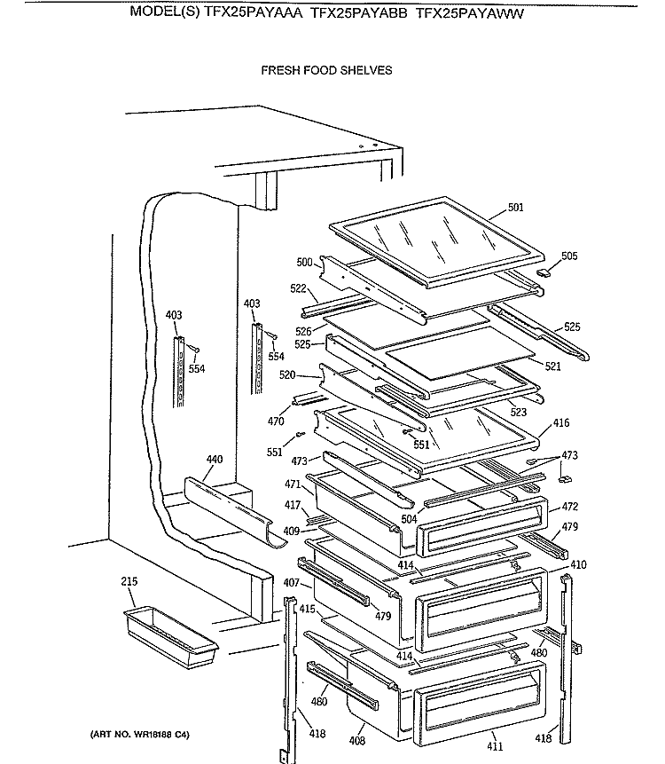 FRESH FOOD SHELVES Diagram and Parts List for TFX25PAYAWW  General Electric Refrigerator
