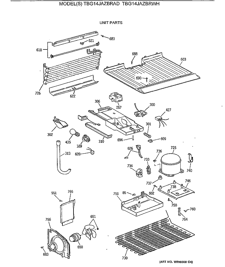 UNIT PARTS Diagram and Parts List for TBG14JAZBRAD  General Electric Refrigerator