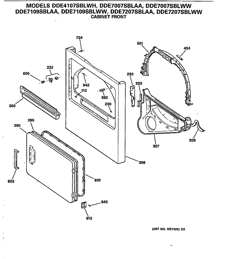 CABINET FRONT Diagram and Parts List for DDE7109SBLAA  General Electric Dryer