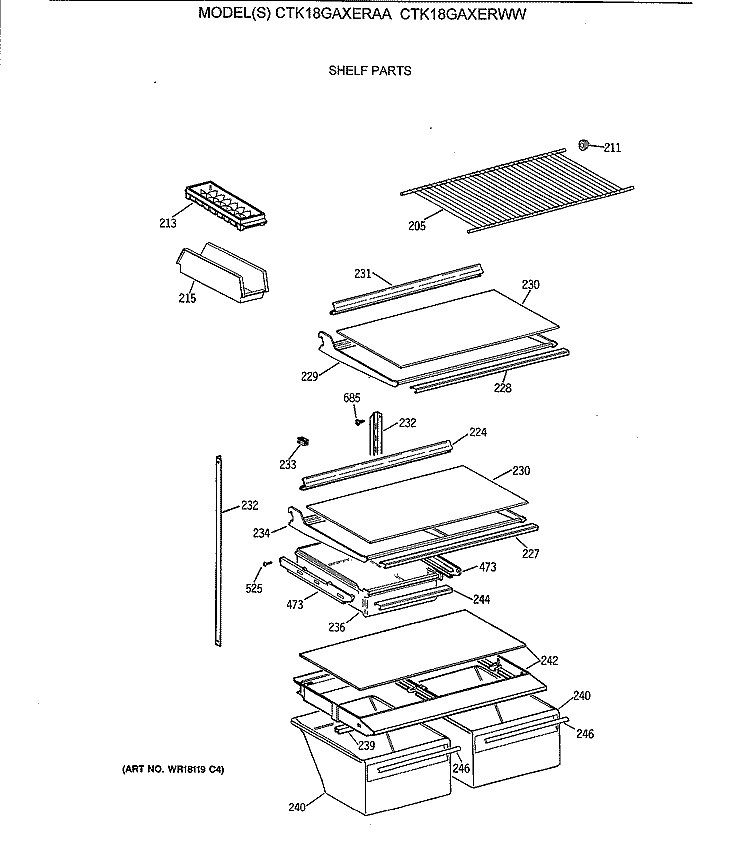 SHELF PARTS Diagram and Parts List for CTK18GAXERAA  Hotpoint Refrigerator