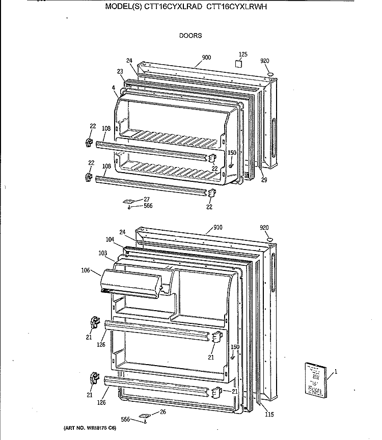 DOORS Diagram and Parts List for CTT16CYXLRWH  Hotpoint Refrigerator