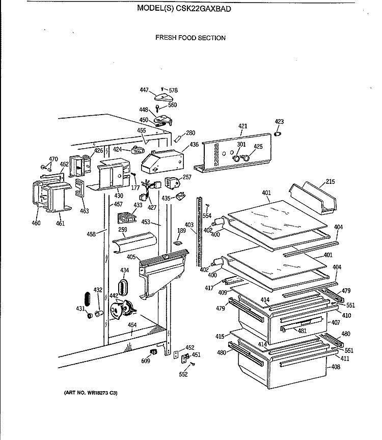 FRESH FOOD SECTION Diagram and Parts List for CSK22GAXBAD  Hotpoint Refrigerator