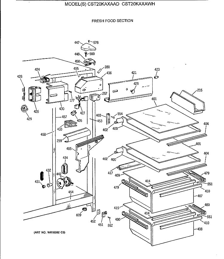 FRESH FOOD SECTION Diagram and Parts List for CST20KAXAWH  Hotpoint Refrigerator