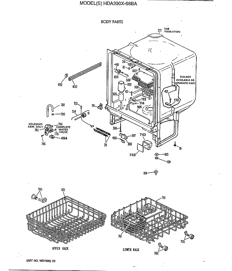 BODY PARTS Diagram and Parts List for HDA200X-68BA  Hotpoint Dishwasher