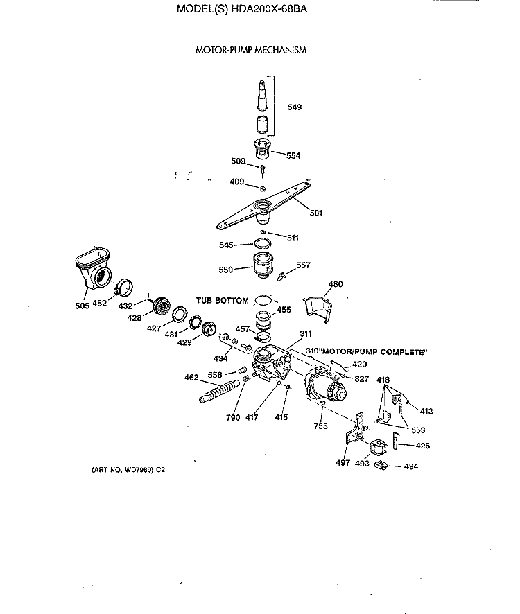 MOTOR - PUMP MECHANISM Diagram and Parts List for HDA200X-68BA  Hotpoint Dishwasher