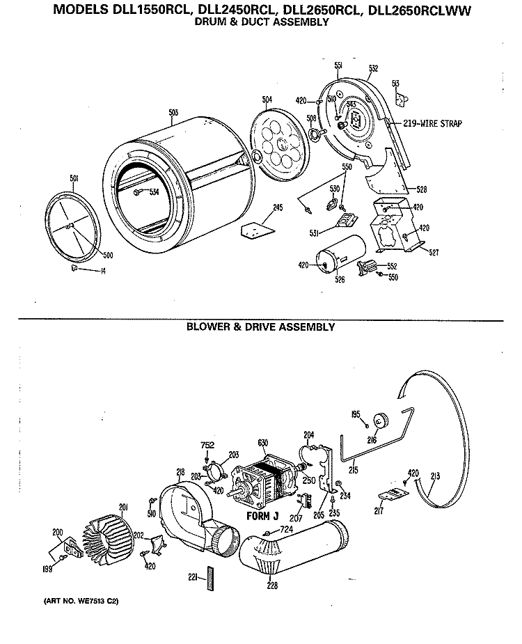 DRUM & DUCT ASSEMBLY Diagram and Parts List for DLL2650RCLWW  Hotpoint Dryer