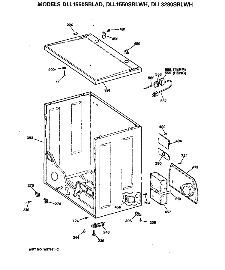 Section Diagram and Parts List for DLL1550SBLAD  Hotpoint Dryer