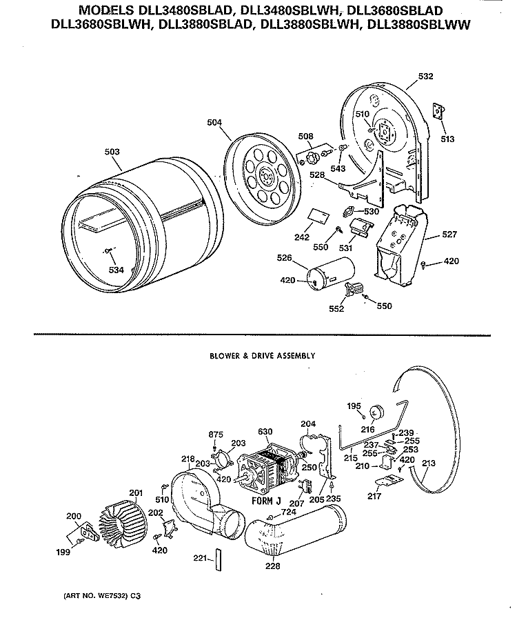 BLOWER & DRIVE ASSEMBLY Diagram and Parts List for DLL3880SBLWW  Hotpoint Dryer