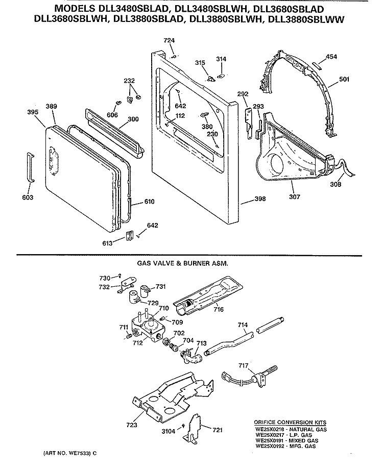 Section Diagram and Parts List for DLL3880SBLWW  Hotpoint Dryer