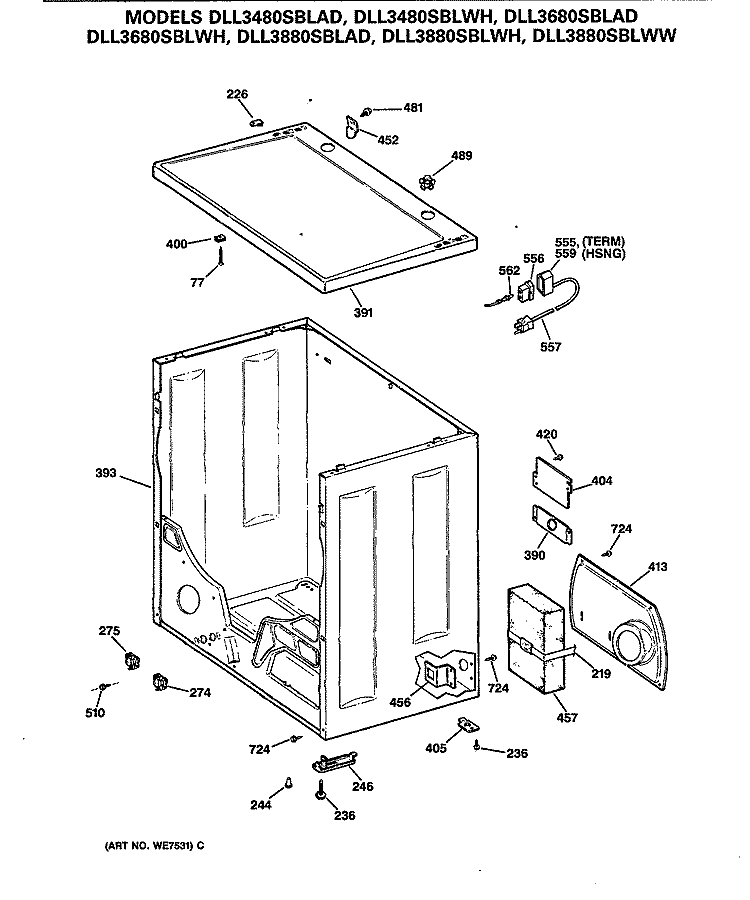 Section Diagram and Parts List for DLL3880SBLWW  Hotpoint Dryer