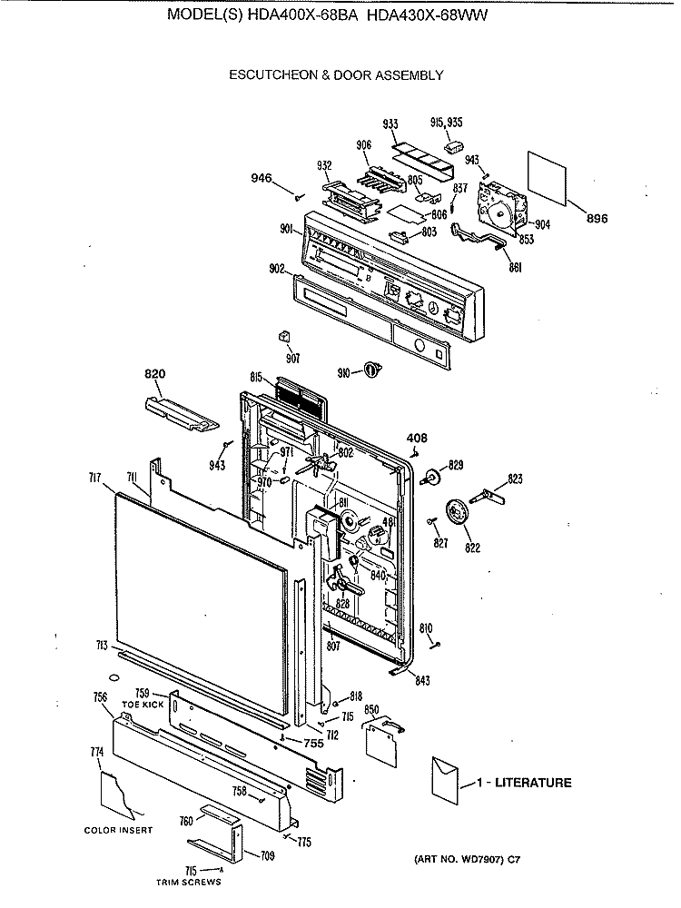 ESCUTCHEON & DOOR ASSEMBLY Diagram and Parts List for HDA400X-68BA  Hotpoint Dishwasher