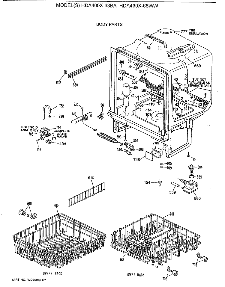 BODY PARTS Diagram and Parts List for HDA400X-68BA  Hotpoint Dishwasher