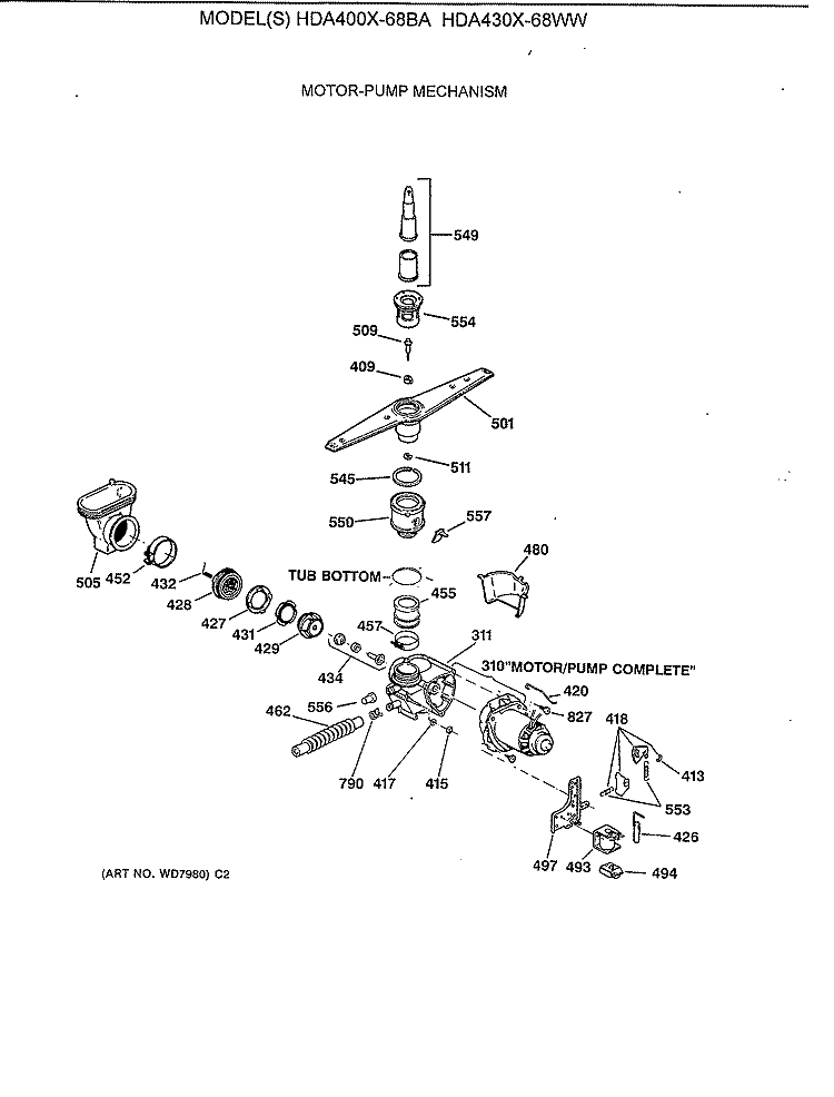 MOTOR - PUMP MECHANISM Diagram and Parts List for HDA400X-68BA  Hotpoint Dishwasher