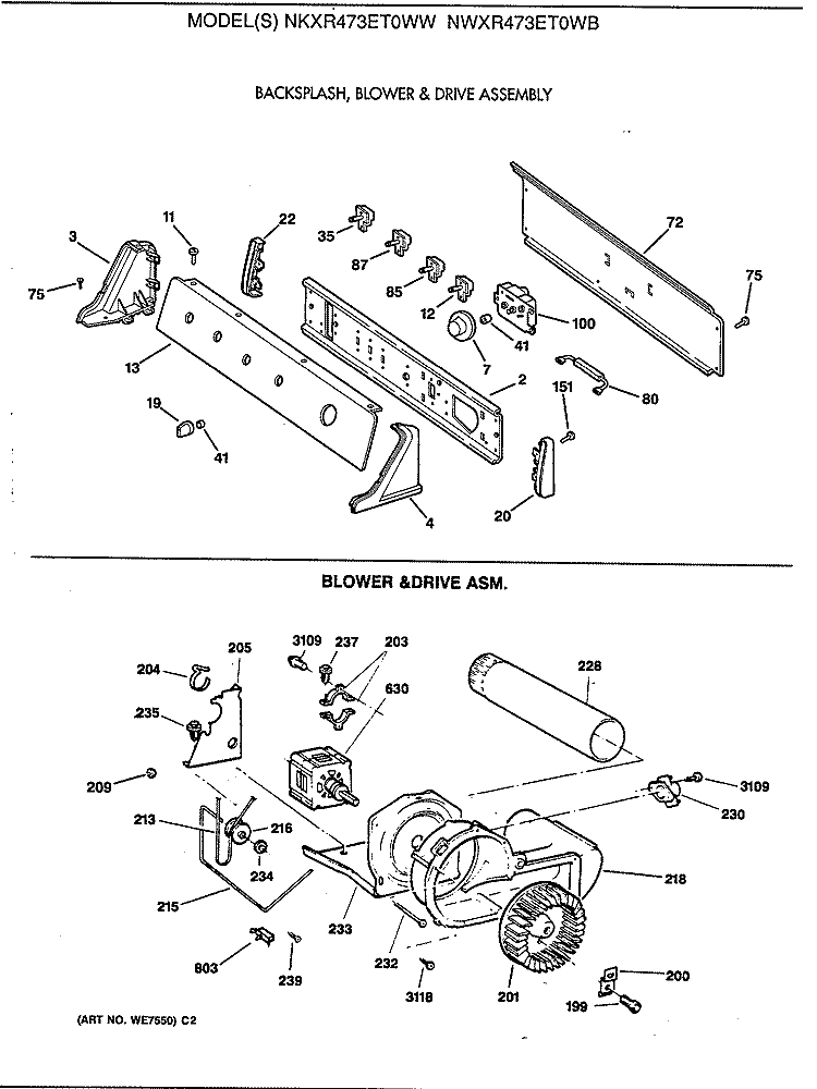 BACKSPLASH, BLOWER & DRIVE ASSEMBLY Diagram and Parts List for NWXR473ET0WB  Hotpoint Dryer