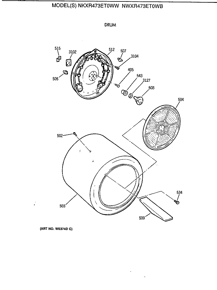 DRUM Diagram and Parts List for NWXR473ET0WB  Hotpoint Dryer