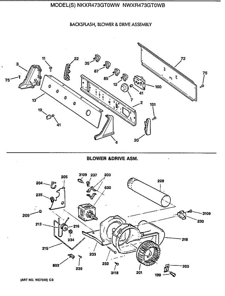 BACKSPLASH, BLOWER & DRIVE ASSEMBLY Diagram and Parts List for NKXR473GT0WW  Hotpoint Dryer