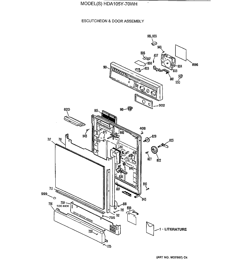 ESCUTCHEON & DOOR ASSEMBLY Diagram and Parts List for HDA105Y-70WH  Hotpoint Dishwasher
