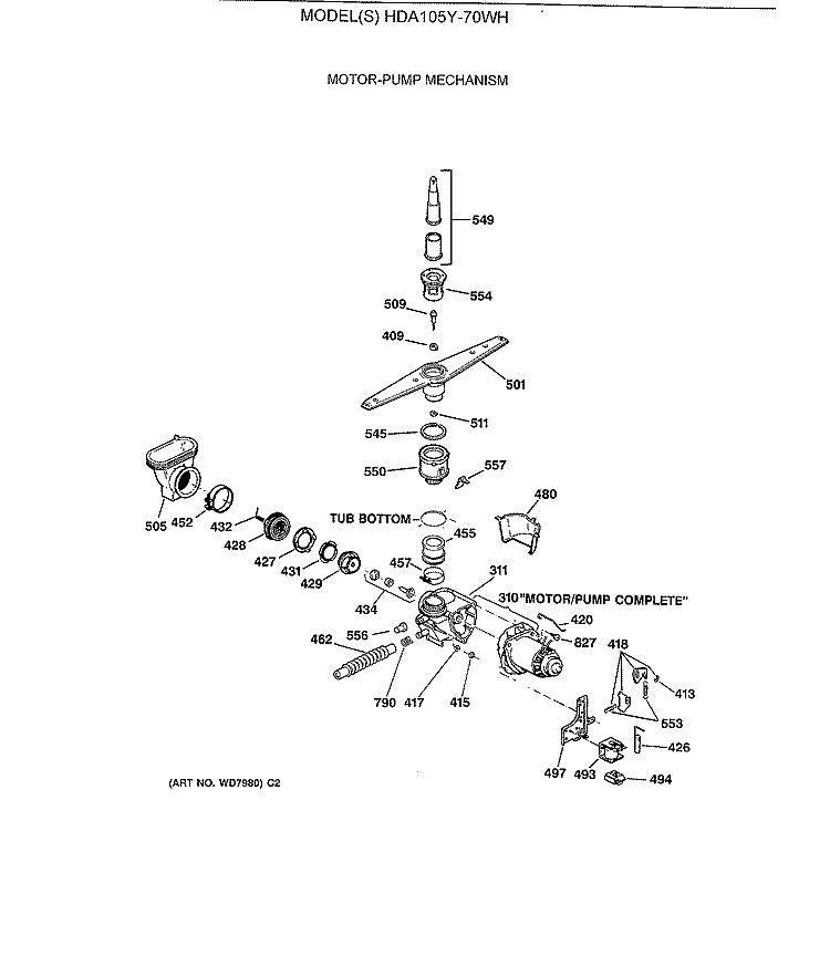 MOTOR - PUMP MECHANISM Diagram and Parts List for HDA105Y-70WH  Hotpoint Dishwasher