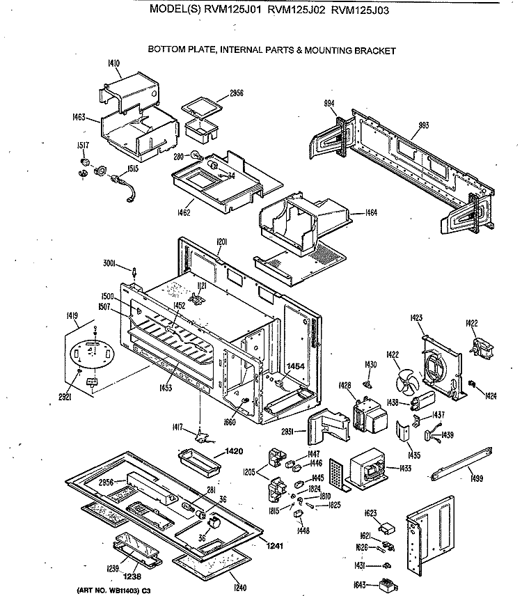 BOTTOM PLATE, INTERNAL PARTS & MOUNTING BRACKET Diagram and Parts List for RVM125J02  Hotpoint Microwave