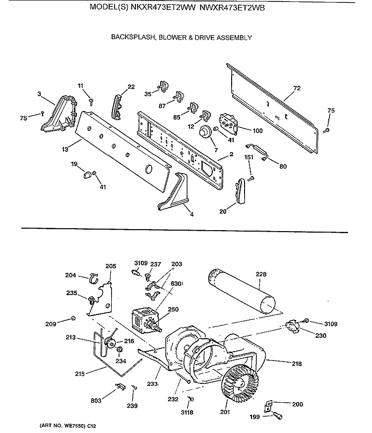 BACKSPLASH, BLOWER & DRIVE ASSEMBLY Diagram and Parts List for NKXR473ET2WW  Hotpoint Dryer