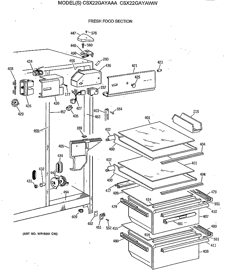 FRESH FOOD SECTION Diagram and Parts List for CSX22GAYAAA  Hotpoint Refrigerator