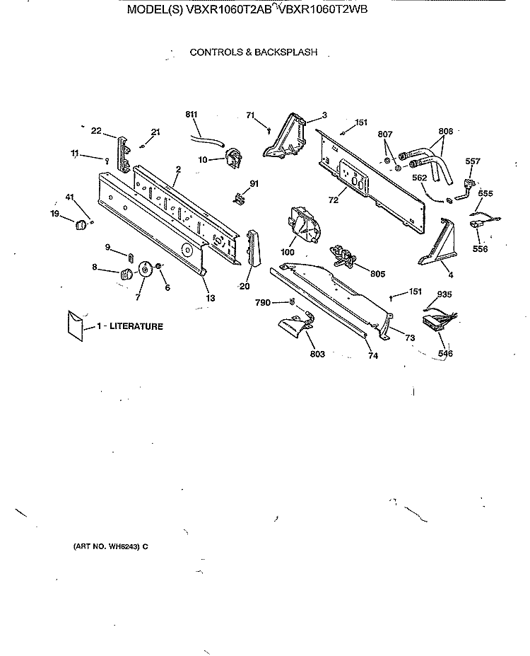 CONTROLS & BACKSPLASH Diagram and Parts List for VBXR1060T2WB  Hotpoint Washer