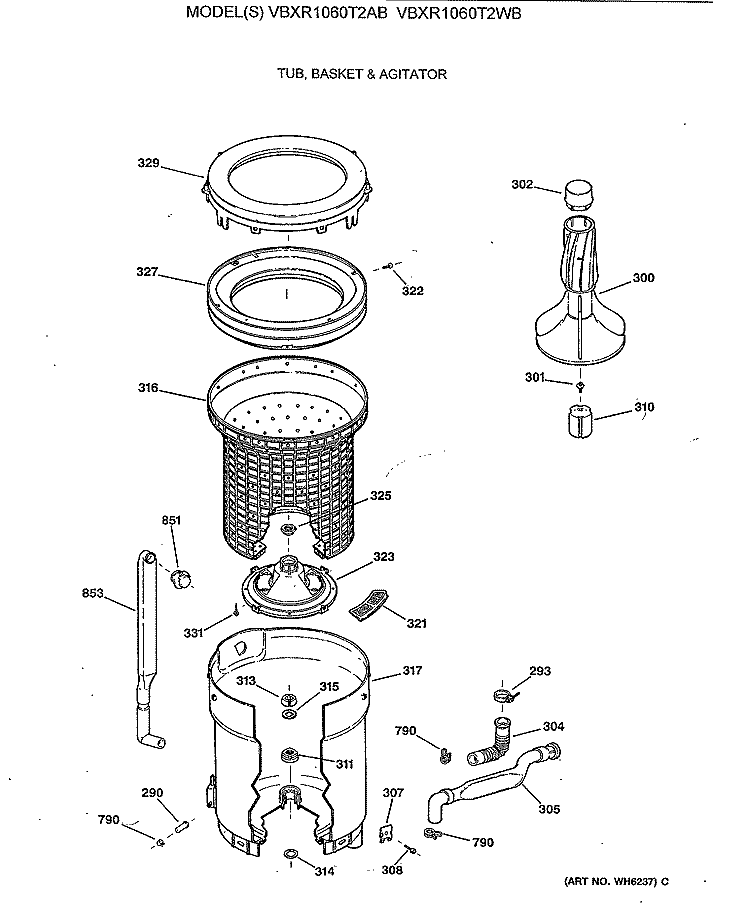 TUB, BASKET & AGITATOR Diagram and Parts List for VBXR1060T2WB  Hotpoint Washer