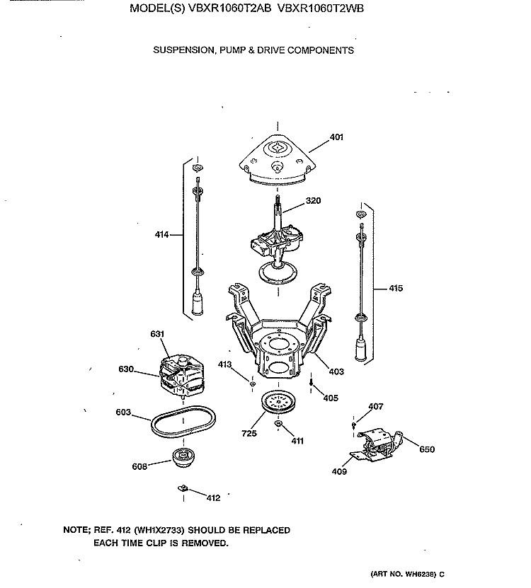 SUSPENSION, PUMP & DRIVE COMPONENTS Diagram and Parts List for VBXR1060T2WB  Hotpoint Washer