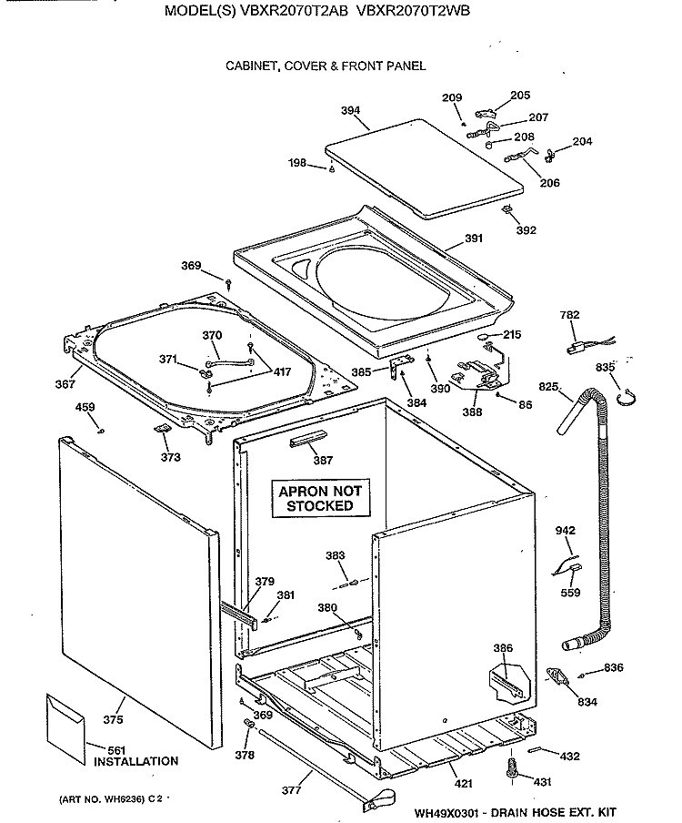 CABINET, COVER & FRONT PANEL Diagram and Parts List for VBXR2070T2AB  Hotpoint Washer
