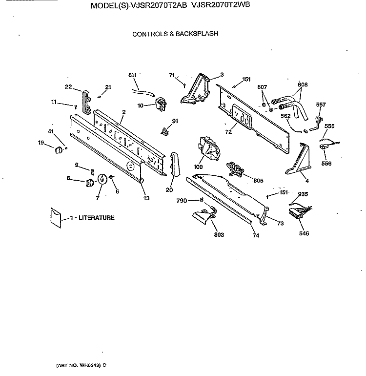 CONTROLS & BACKSPLASH Diagram and Parts List for VJSR2070T2AB  Hotpoint Washer