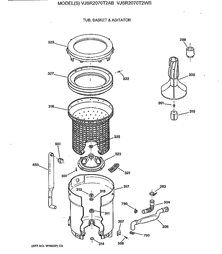 TUB, BASKET & AGITATOR Diagram and Parts List for VJSR2070T2AB  Hotpoint Washer