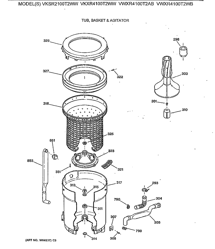 TUB, BASKET & AGITATOR Diagram and Parts List for VWXR4100T2AB  Hotpoint Washer