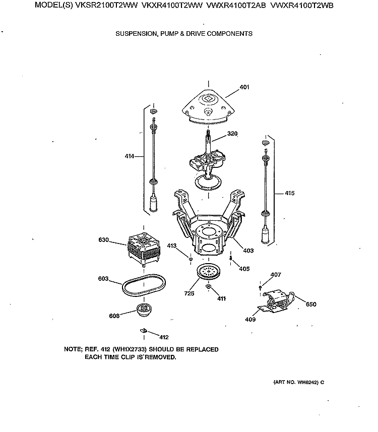 SUSPENSION, PUMP & DRIVE COMPONENTS Diagram and Parts List for VWXR4100T2AB  Hotpoint Washer