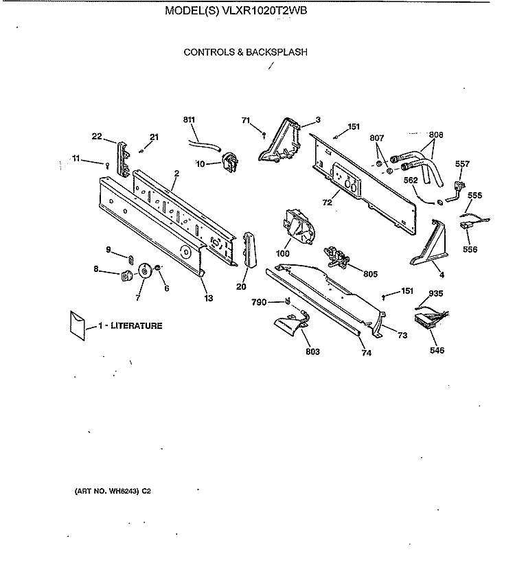 CONTROLS & BACKSPLASH Diagram and Parts List for VLXR1020T2WB  Hotpoint Washer