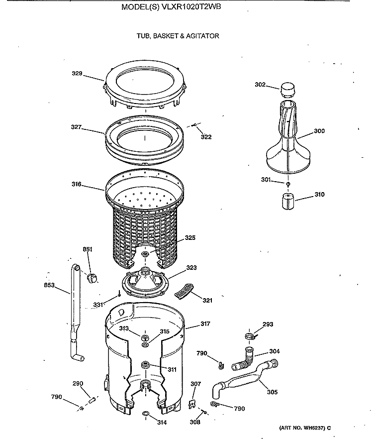 TUB, BASKET & AGITATOR Diagram and Parts List for VLXR1020T2WB  Hotpoint Washer