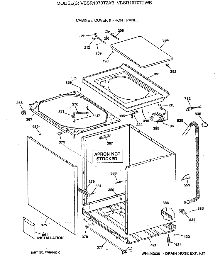 CABINET, COVER & FRONT PANEL Diagram and Parts List for VBSR1070T2WB  Hotpoint Washer