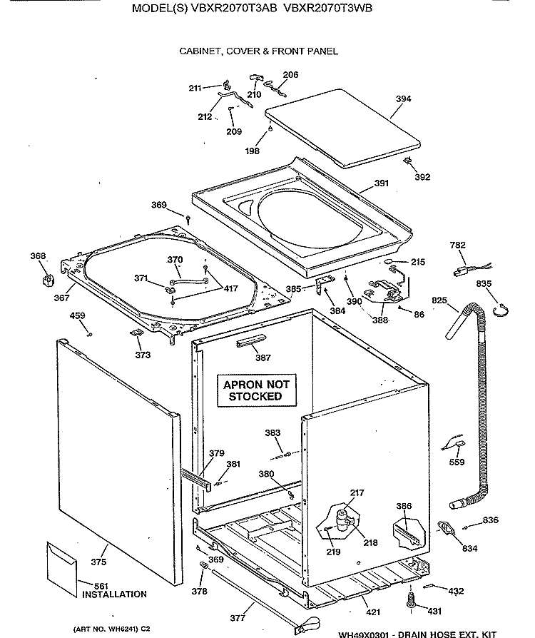 CABINET, COVER & FRONT PANEL Diagram and Parts List for VBXR2070T3AB  Hotpoint Washer