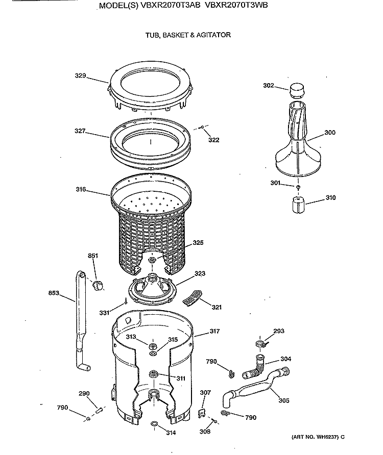 TUB, BASKET & AGITATOR Diagram and Parts List for VBXR2070T3AB  Hotpoint Washer