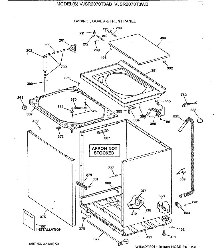 CABINET, COVER & FRONT PANEL Diagram and Parts List for VJSR2070T3AB  Hotpoint Washer