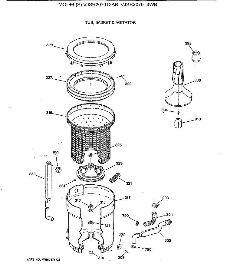 TUB, BASKET & AGITATOR Diagram and Parts List for VJSR2070T3AB  Hotpoint Washer