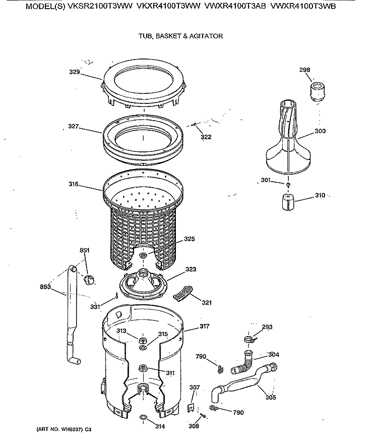 TUB, BASKET & AGITATOR Diagram and Parts List for VWXR4100T3AB  Hotpoint Washer