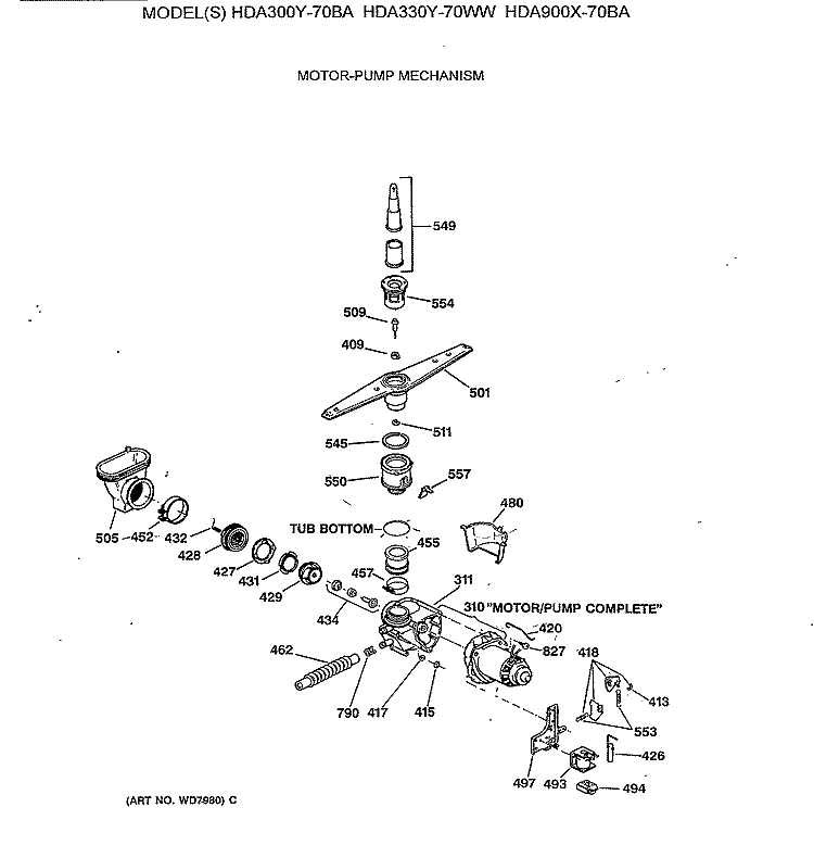 MOTOR - PUMP MECHANISM Diagram and Parts List for HDA300Y-70BA  Hotpoint Dishwasher