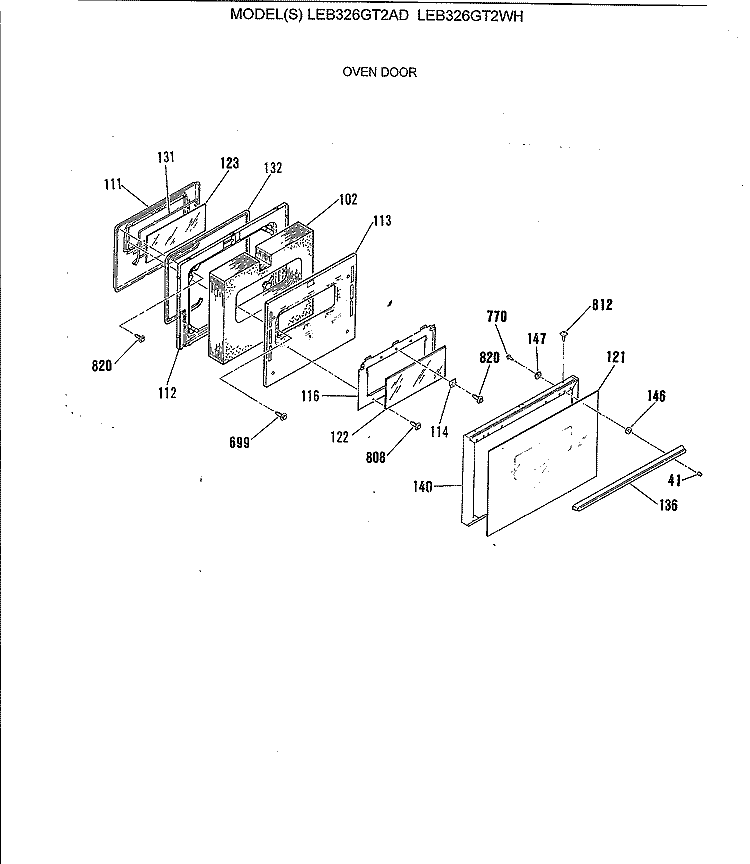 OVEN DOOR Diagram and Parts List for LEB326GT2AD  General Electric Range