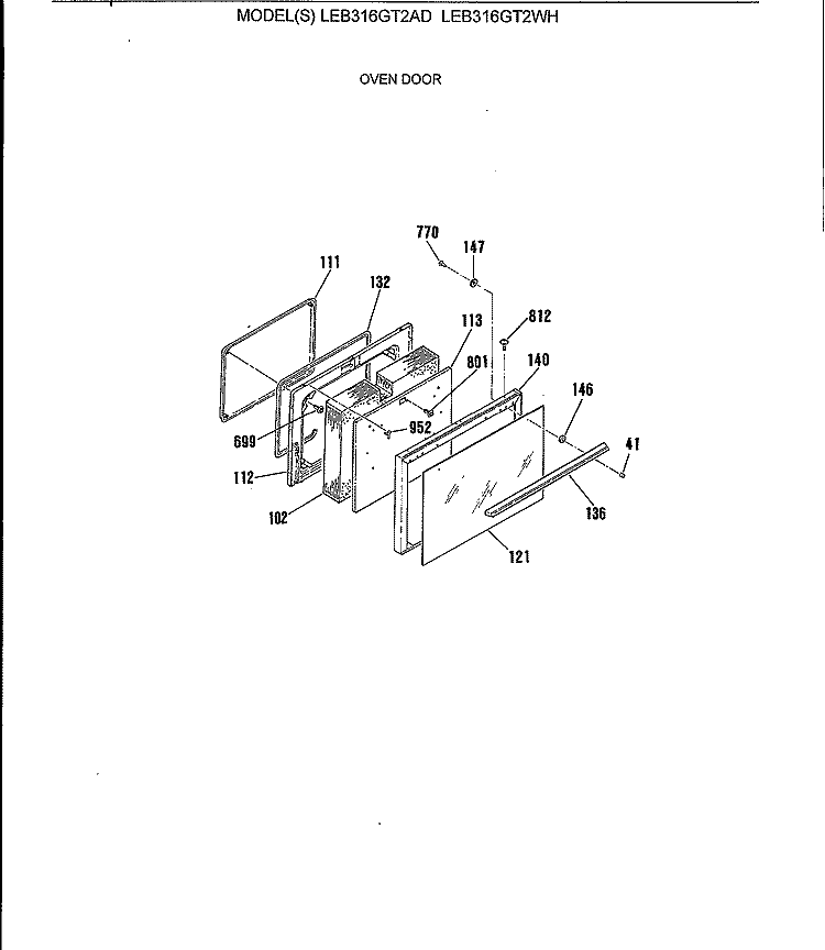 OVEN DOOR Diagram and Parts List for LEB316GT2WH  General Electric Range